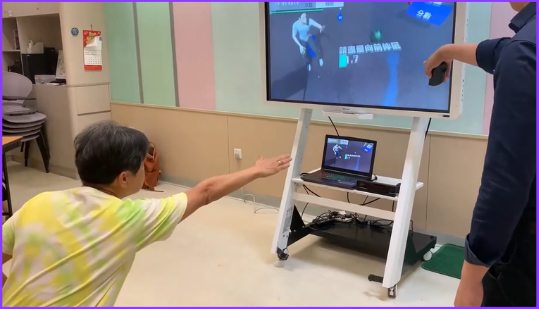 Older adult using a virtual-reality headset for fall-prevention training